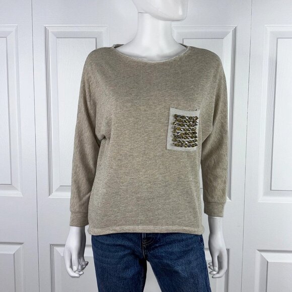 SO NICE small tan sweater with pocket stud - Picture 1 of 2